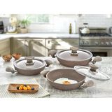 Oms Bio Granit 6 Parça Kapaklı Sahan Seti Kahve | Yapışmaz Biogranit | 18-20-22 Cm