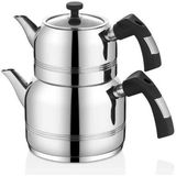 Oms Collection - 8090 - ( M ) - 4 Parça, Indüksiyonlu Ocak Uyumlu, Çaydanlık Gümüş - Siyah Renk - ( M ) Üst Hazne (Demlik): 0,85 Litre - Alt Hazne (Suluk): 1,25 Litre