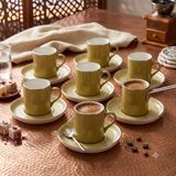 OMS Collection Colorful Chique 12 Parça Türk Kahvesi Fincan Takımı, Hardal Gold, Porselen