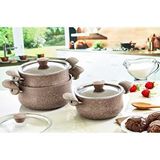 Oms Granit Güveç Set 3lü Granit Mini Tencere Takımı Cam Kapaklı Kahverengi