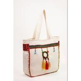 Omuz Çanta Bohem Detaylı Krem 45X40 Cm Astarlı Günlük Çanta