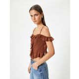 Omuzları Açık Fırfırlı Bluz Crop İnce Askılı