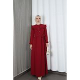 Omzu ve Önü Fırfırlı Kuşaklı Ayrobin Tesettür Elbise Bordo HNT7345 - 42