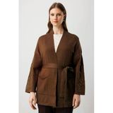 On Fashion Kadın Kolları Taşlı Kuşaklı Triko Kahverengi Hırka 60902