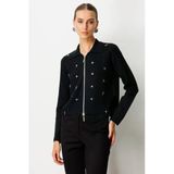 On Fashion Kadın Polo Yaka Zımbalı Fermuarlı Siyah Hırka 65905