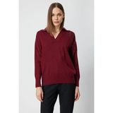 On Fashion Kadın Tek Omuz Işlemeli Gömlek Yaka Bordo Kazak 66359