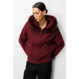 On Fashion Kadın Yakası Kürklü Fermuarlı Bordo Hırka 63908