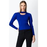 On Fashion Kadın Yakası Pencereli Balon Kol Saks Mavisi Kazak 65303