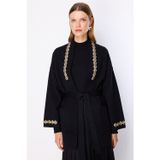 On Kadın Beli Kuşaklı Taşlı Triko Hırka 10903 Siyah