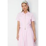 On Kadın Çizgi Desenli Pamuk Crop Gömlek 76422 Pembe