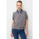 On Kadın Denim Detaylı Kısa Kollu Triko Hırka 10509 Gri