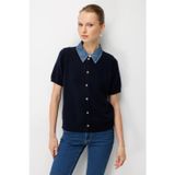 On Kadın Denim Detaylı Kısa Kollu Triko Hırka 10509 Lacivert