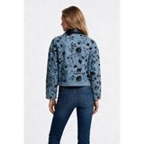 On Kadın İşlemeli Deri Yakalı Jean Ceket Crop Mont - Saks