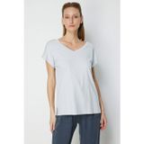 On Kadın Omuzları Taşlı V Yaka Pamuklu T-Shirt 71415 Gri