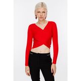 On Kadın Oversize V Yaka Crop Kazak - Uzun Kol - Kırmızı