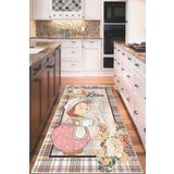 on the clouds Bej Kitchen Yazılı Kız Figürlü Yıkanabilir Kaymaz Taban Leke Tutmaz Modern Mutfak Halısı ve Yolluk
