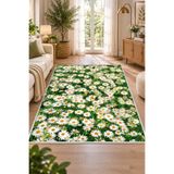 on the clouds Papatya Demeti Desenli Yeşil Beyaz Çiçekli Salon Halısı Kaymaz Taban Yıkanabilir Dijital Baskı Modern Dekoratif Oturma Odası Halısı Floral Bahar Desenli Renkli Ev Halısı