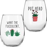 On The Rox Drinks Kadınlar için Etli Bitki Kaktüs Hediyeleri - 2'li Set Komik Şarap Kadehi 15 oz - Bitki Aşığı Hediye Kupası - What Fucculent - Pot Head Crazy - Plant Lady Şarap Kadehi Bardak - Özel Sapsız Şarap