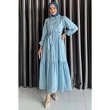 Ön Yarım Düğmeli Pileli Fırfırlı Tesettür Elbise P-00017558 - Mavi - 42