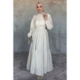 Ön Yarım Düğmeli Pileli Fırfırlı Tesettür Elbise P-00017558 - Taş - 44