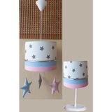 Onay Avize Beyaz Pembe Mavi M-0387 Sarkıtlı Yıldızlı Kumaş Kaplama 2.li Set Çocuk Odası Bebek Odası Avize ve Abajur