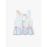 Önden Bağcıklı Fiyonklu Kolsuz Peplum Kesim Çizgili Çiçek Baskılı Şifon Bluz