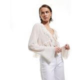 Önden Bağlama Detaylı Asimetrik Uzun Kollu Fırfırlı Crop Bluz