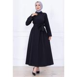 Önden Çapraz Düğmeli Kuşaklı Elbise Siyah HM2755