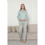 Önden Düğmeli Kadın Pijama Takımı - Su Yeşili Çiçek Desenli Uzun Kol Likralı Rink Viskon - Mint - 2XL