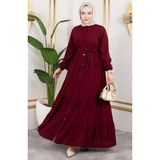 Önden Düğmeli Viskon Elbise 1124-01 Bordo - 38