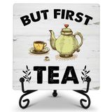ONDTOM But First Tea Ahşap Tabela Masa Dekoru, Çaydanlık ve Çay Fincanı Ahşap Plaket, Destek Standlı Masa Süslemeleri, Ev Mutfak Ofis Çay Odası Masa Dekoru için - B89