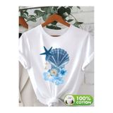 one button Mavi Deniz Kabuğu İnci Çiçek Desen Baskılı Premium Oversize T-shirt