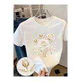 one button Sarı Renk İnci Detaylı Gül Baskılı Premium Oversize T-shirt