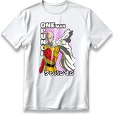 One Punch Man Saitama Anime Model Baskı Tişört Unisex %100 Pamuk Kalın Kumaşlı Manga T-Shirt - Beyaz