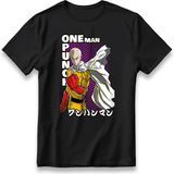 One Punch Man Saitama Anime Model Baskı Tişört Unisex %100 Pamuk Kalın Kumaşlı Manga T-Shirt - Siyah