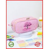 OneSize Kalem Kutusu Oval Tasarım Iki Bölmeli Sakura Temalı Vegan Deri (Kalemlik) - Renkli - Standart