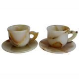 Oniks Doğal Taş Kahve Fincan Seti, El Yapımı, Beyaz-Bal Damarlı, 7cm Yükseklik, 12.5cm Çap, 2'li veya 6'lı Takım Seçenekli, Dekoratif Tasarım (2 li Fincan Set)