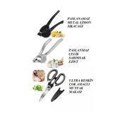 Online Kapında Online Kapında3'lü Set Paslanmaz Metal Limon Sıkacağı, Sarımsak Ezici, Çok Fonksiyonlu Mutfak Makası