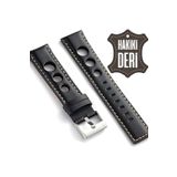 onlinekordon 22mm Siyah Beyaz İplikli Hakiki Tek Parça Deri Saat Kordonu Kayışı 46mm Akıllı Pimli