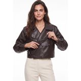 Onloox Acı Kahve Deri Görünümlü Oversize Crop Geniş Cep Detaylı Kemerli Polyester Ceket - 40