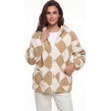 Onloox Bej Beyaz Pamuklu Peluş Dokulu Kapüşonlu Astarlı Baklava Desenli Fermuarlı Mont Sweatshirt - Standart