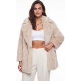 Onloox Bej Polyester Kumaş Geniş Yaka Uzun Kol Standart Kesim Premium Suni Kürk Ceket - 40