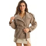 Onloox Camel Bej Balıksırtı Kaşe Dik Yaka Kuşaklı Cep Detaylı Astarlı Polyester Kaşe Kaban - 42 - Camel - Bej