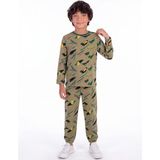 Onloox Erkek Çocuk Haki Yeşil Pamuklu Bisiklet Yaka Lastikli Paça Regular Desenli Pijama Takımı (4-7 Yaş) - Haki Yeşili - 4 Yaş