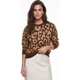 Onloox Kahverengi Camel Triko Dokulu Bisiklet Yaka Basic Leopar Desenli Şardonlu Örme Kazak