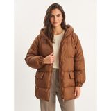Onloox Kahverengi Polyester Yarasa Kol Oversize Kapüşonlu Detaylı Fermuarlı Şişme Mont - Standart