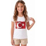Onloox Kız Beyaz Pamuklu Penye Bisiklet Yaka Kısa Kollu Tam Kalıp Pullu Ay Yıldızlı Tişört (4-14 Yaş) - 10 Yaş