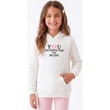 Onloox Kız Çocuk Ekru Kapitone Pamuklu Kapüşonlu Uzun Kollu Nakışlı Kanguru Cep Sweatshirt (8-14 Yaş) - 12 Yaş