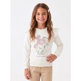 Onloox Kız Çocuk Ekru Pamuklu Bisiklet Yaka Regular Kalıp Omuzları Çiçek Nakışlı Sweatshirt (3-4 Yaş)