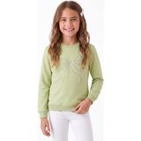 Onloox Kız Çocuk Fıstık Yeşili Pamuklu Bisiklet Yaka Uzun Kollu Incili Taşlı Sweatshirt (7-12 Yaş) - 9 Yaş